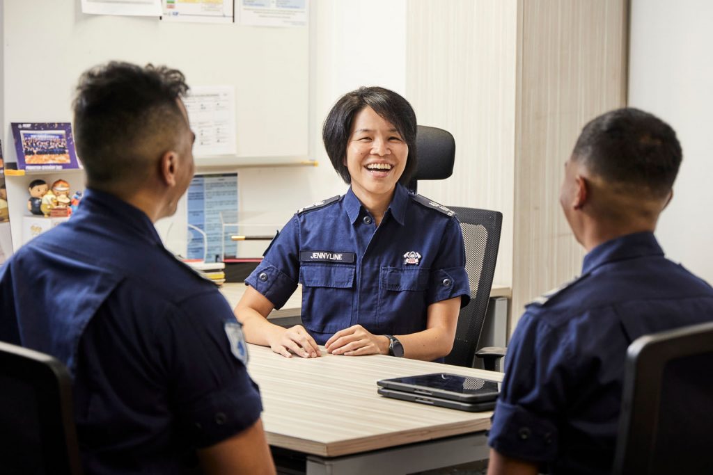 scdf commander mha scholarship holder ltc jennyline fan speaking to officers at sentosa fire station