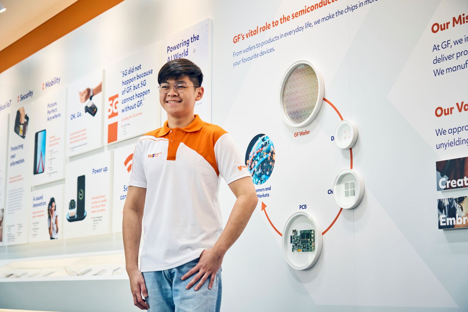 SGIS graduate Foo Yong Li standing in front of a gallery at GlobalFoundries