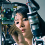 young female student fixing a robot